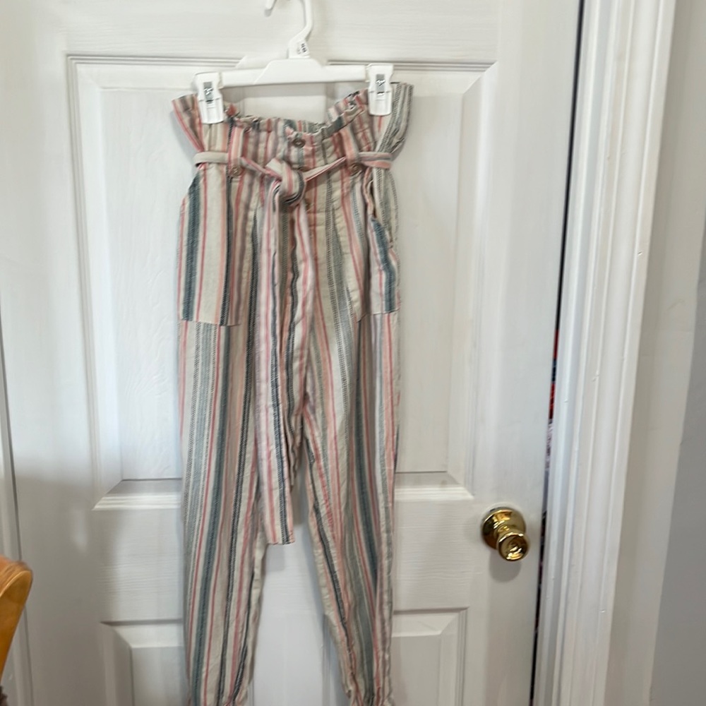 Elastic bottom striped loose I guess cargo pant buttons front